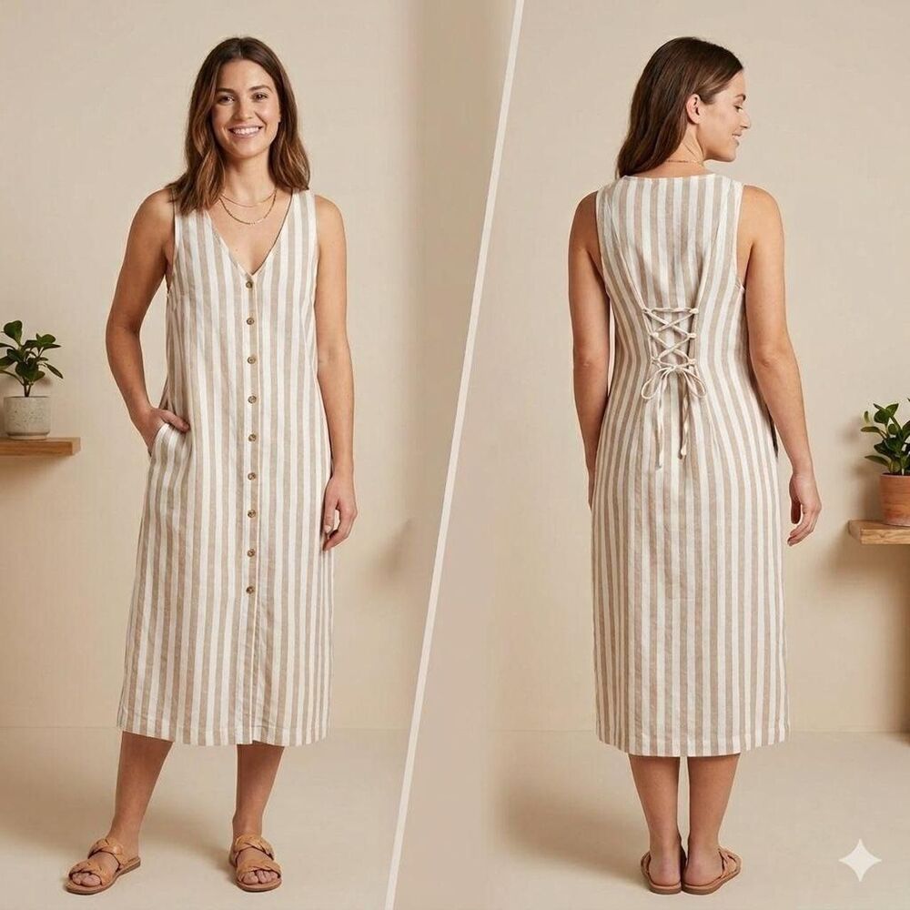 Sleeveless Linen-Blend Button-Front Midi Shift Dress BLUE, XS
